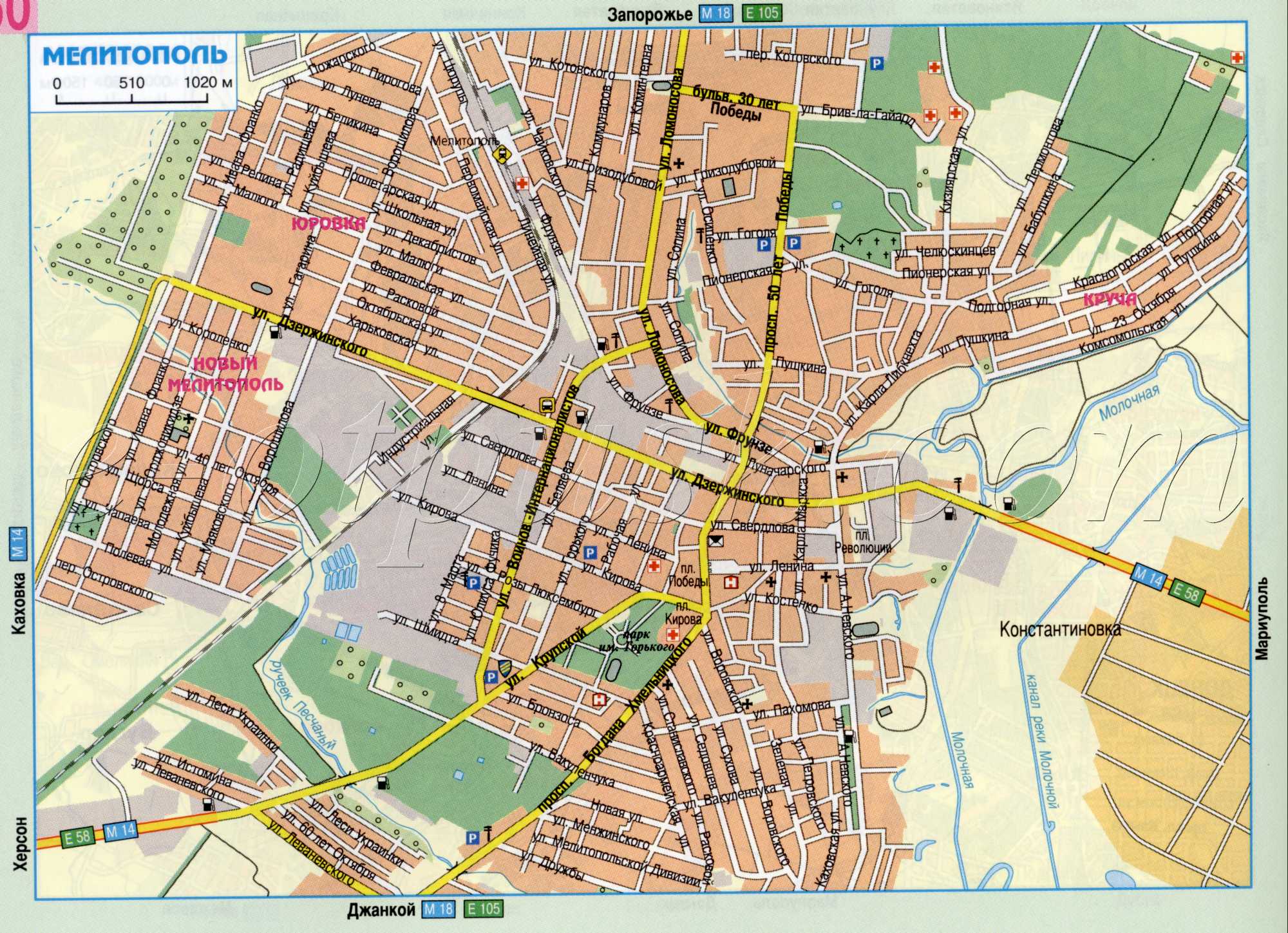 Carte Melitopol (région de Zaporojie Melitopol). carte détaillée des routes de téléchargement gratuit