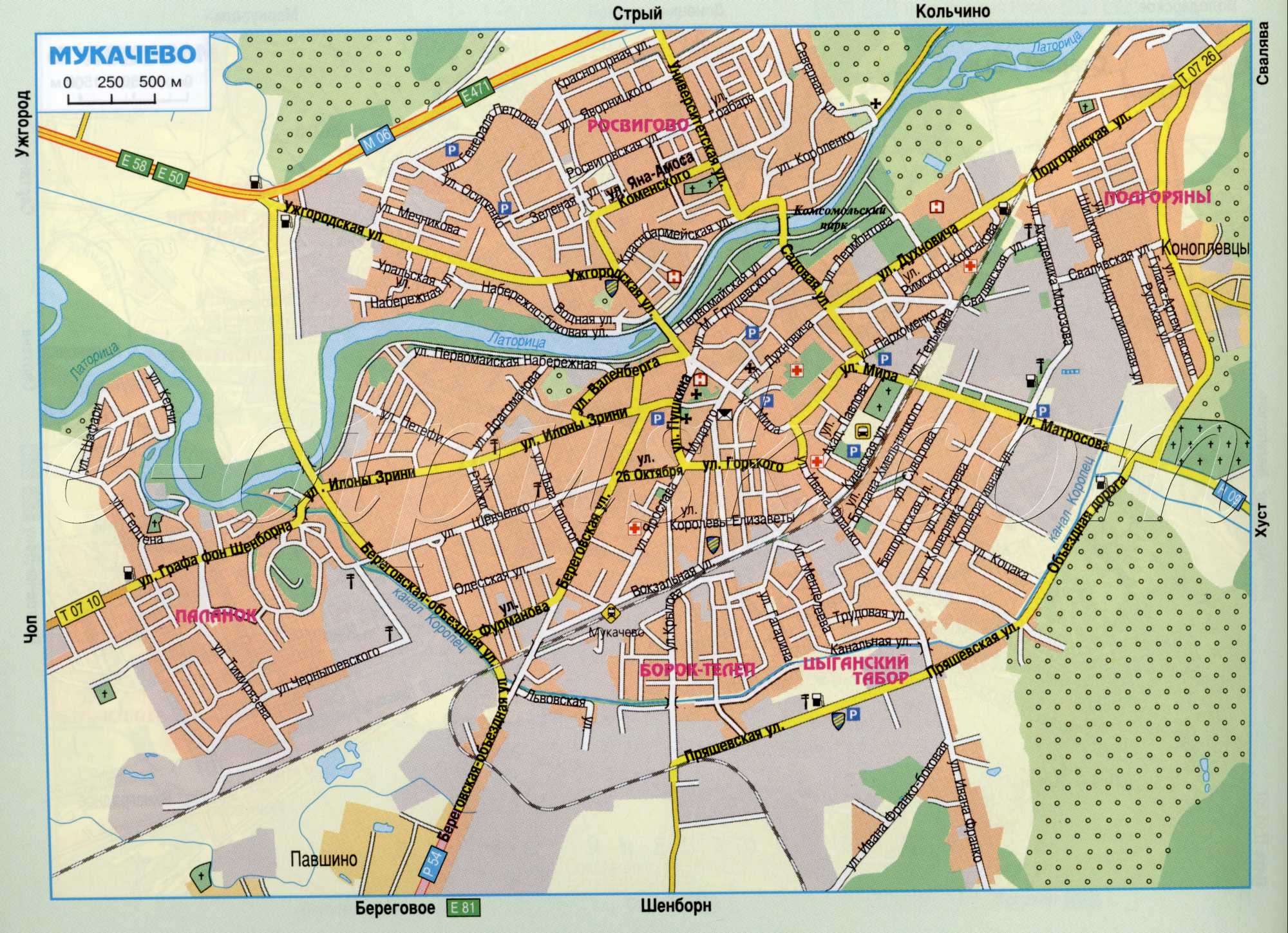 Mukachevo map. Driving roads of the city of Mukachevo, Transcarpathian region of Ukraine, the scale of 1cm: 300m. download for free