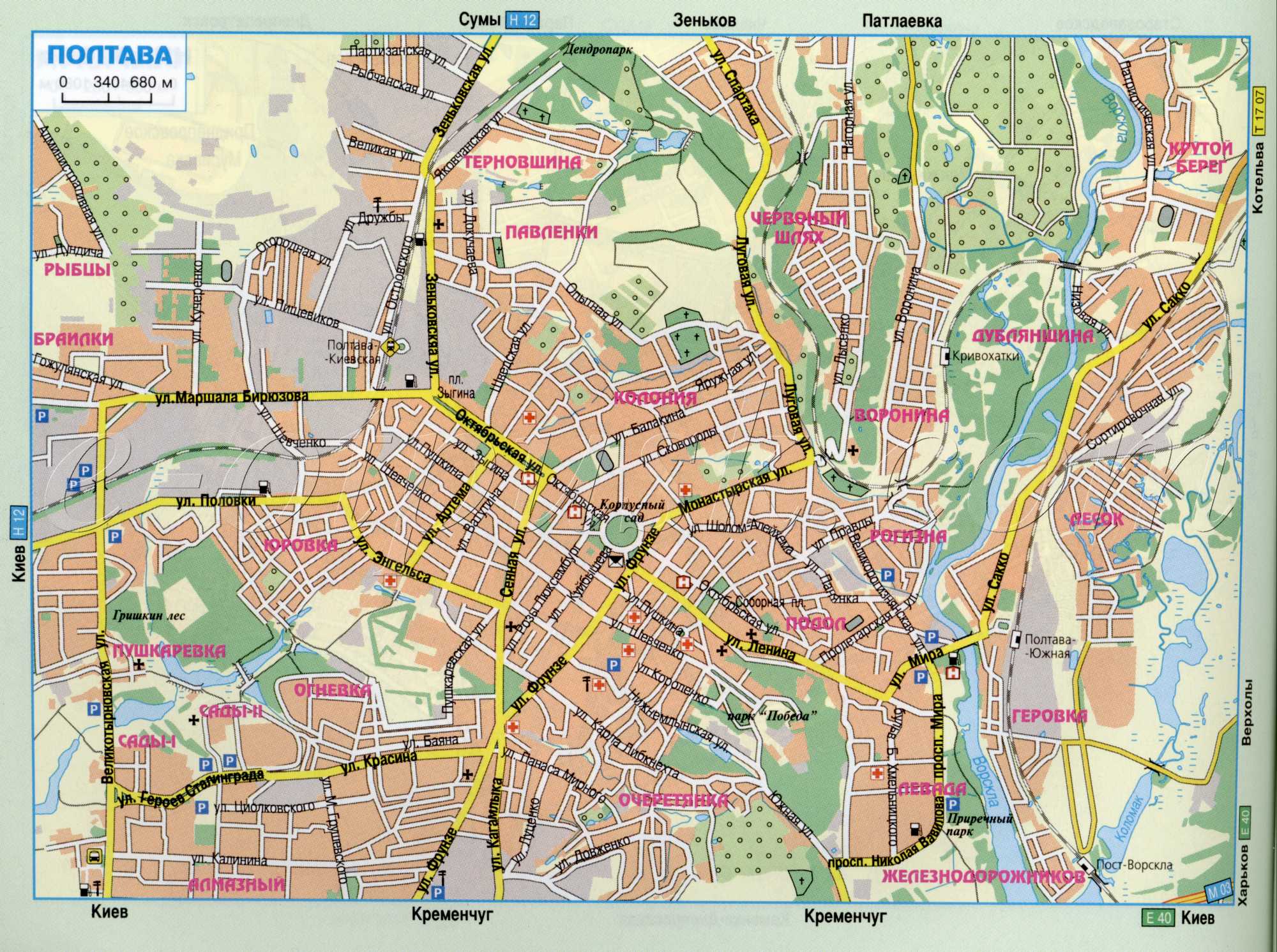 Map of Poltava, Poltava city roads satin tourist cars. download for free