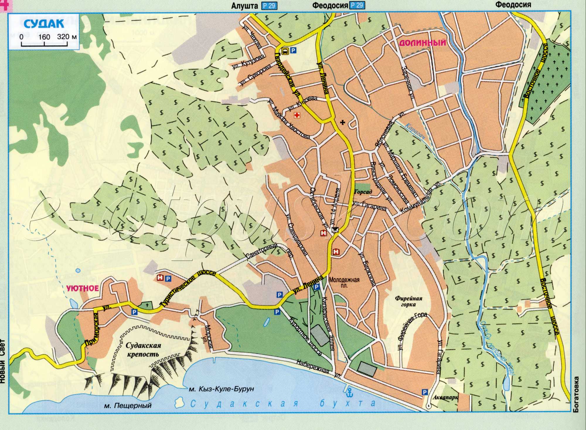 Carte de Sudak (Crimée ville Sudak). carte détaillée des routes de téléchargement gratuit