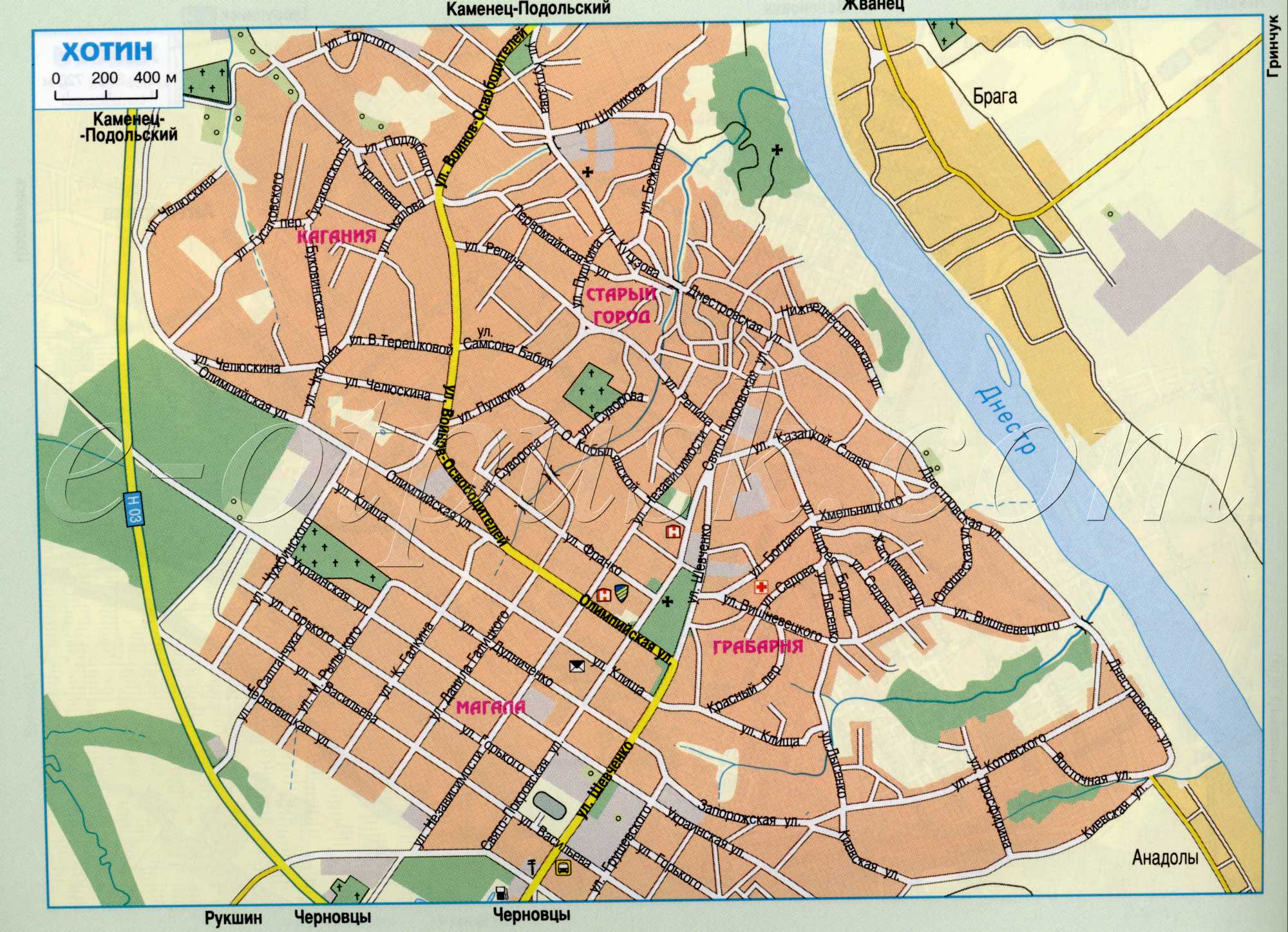 Карта Хотина Черновицкой обл Украины. Схема автомобильных дорог г.Хотин. Скачать бесплатно