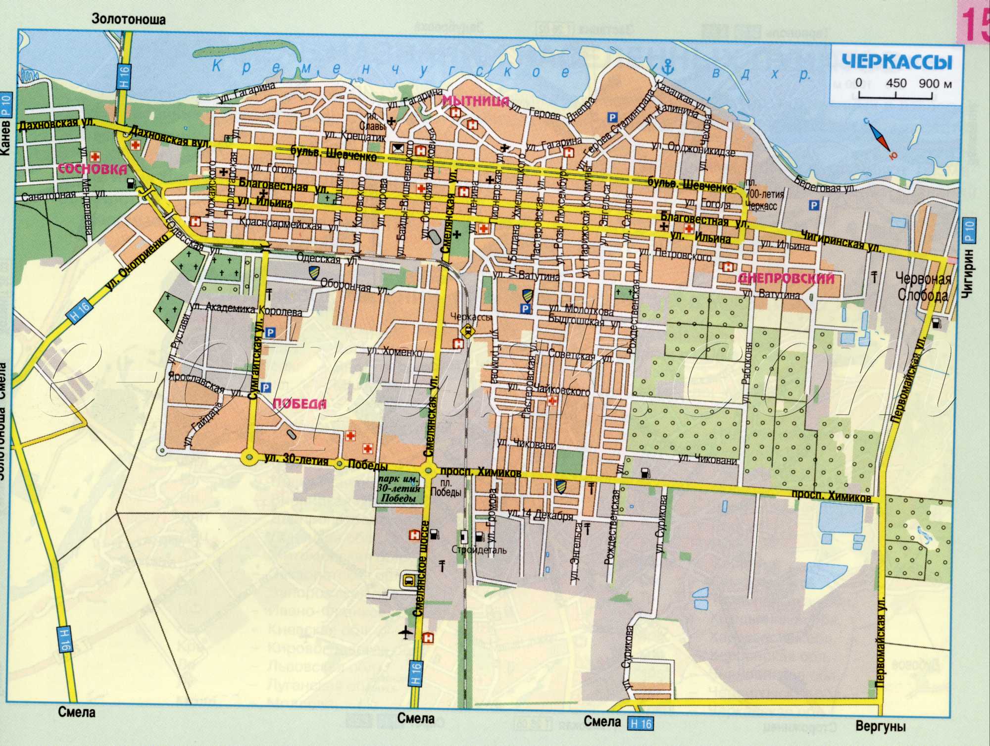 Map of Cherkasy automobile (Ukraine map of Cherkasy city). Download a detailed map of highways