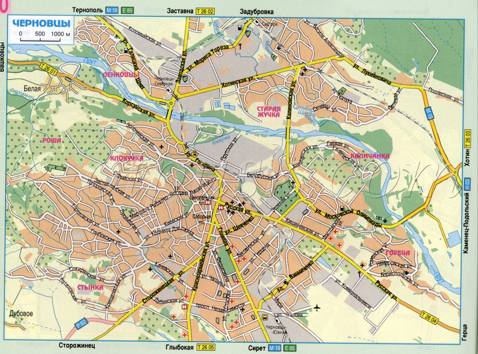 Map of Chernivtsi (Ukraine map of Chernovtsy roads). Detailed road map download for free