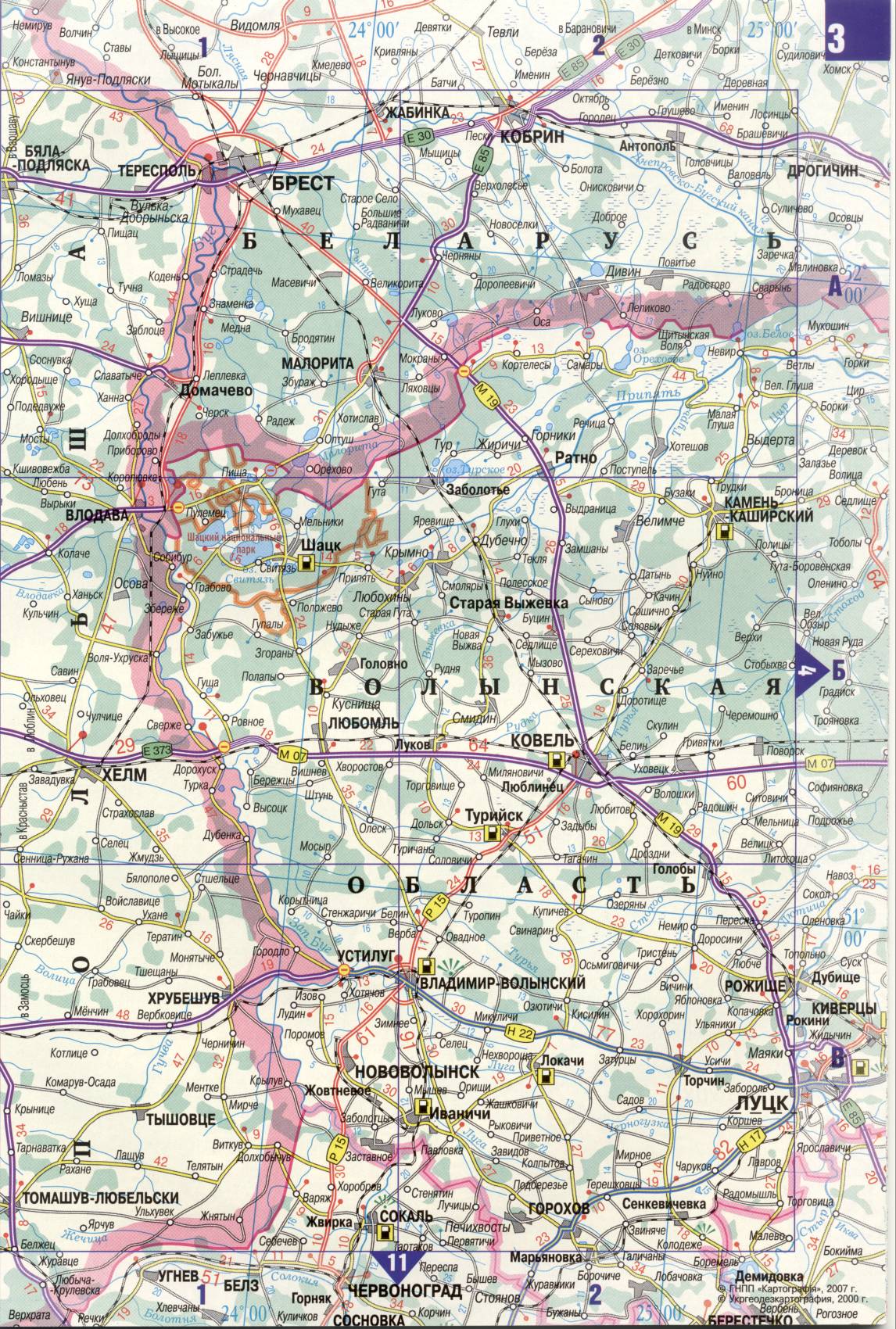 Map of Ukraine. A detailed map of the roads of Ukraine from the automotive atlas. Download for free, B0