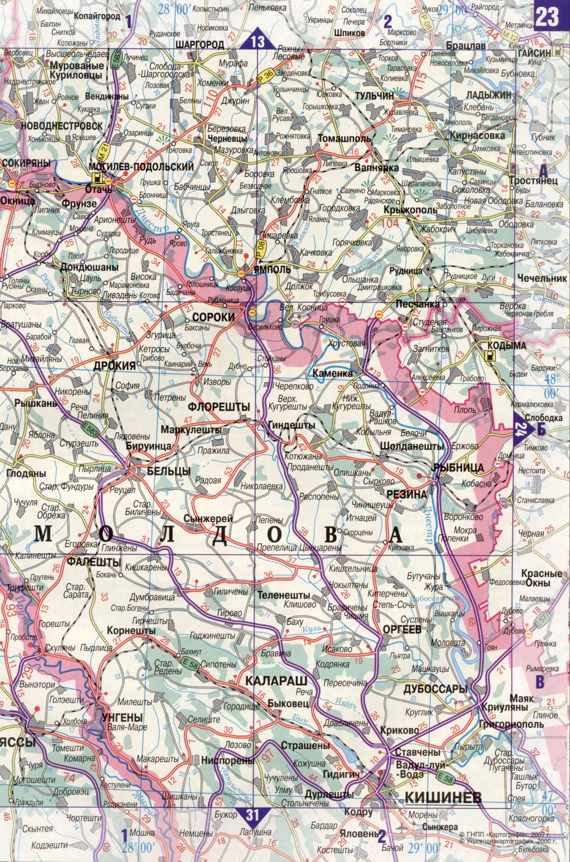 Map of Ukraine. A detailed map of the roads of Ukraine from the automotive atlas. Free download, D2