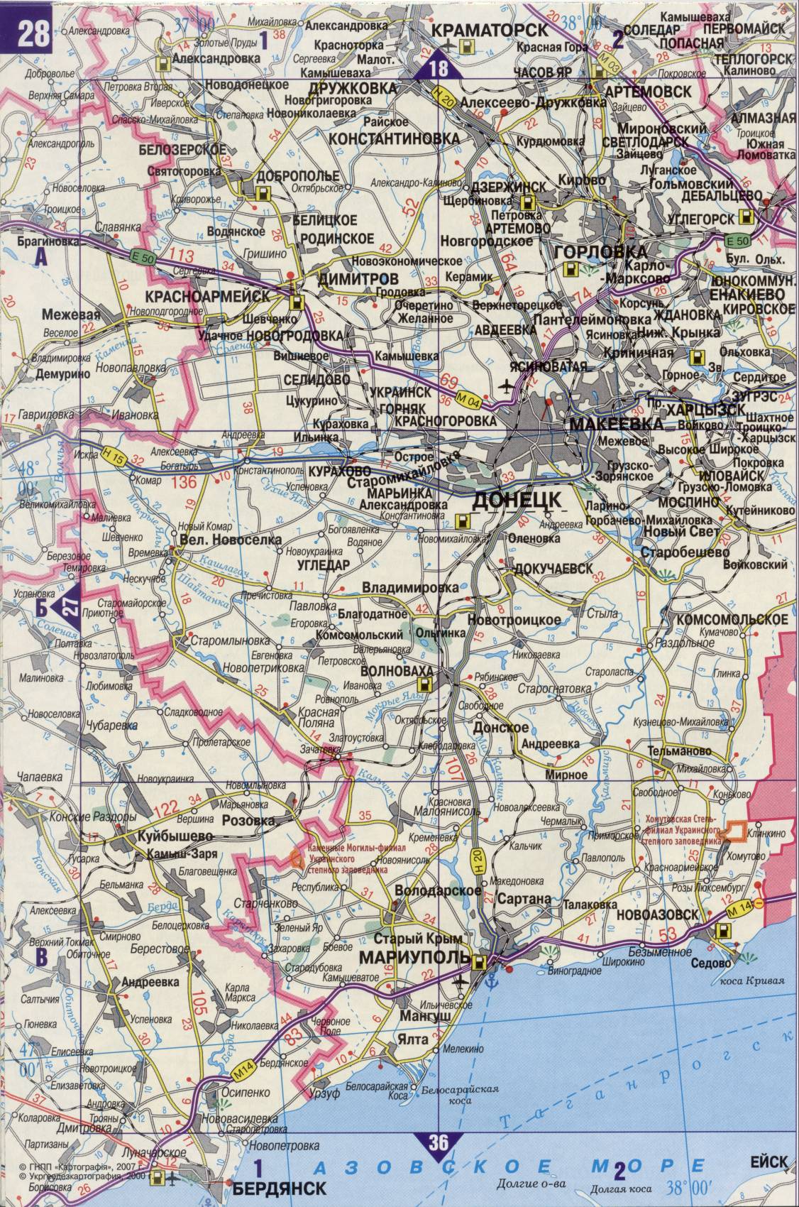 Map of Ukraine. A detailed map of the roads of Ukraine from the automotive atlas. Free download, I2